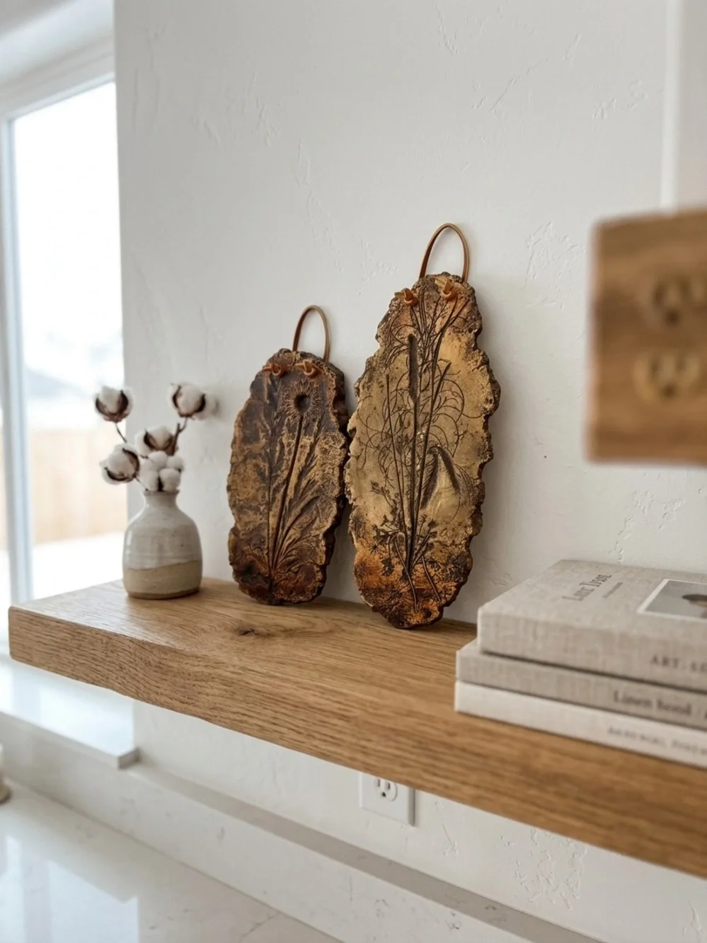 Set of 2 Vintage Style Botanical Embossed Faux Bark Wall Plaques Rustic Decor